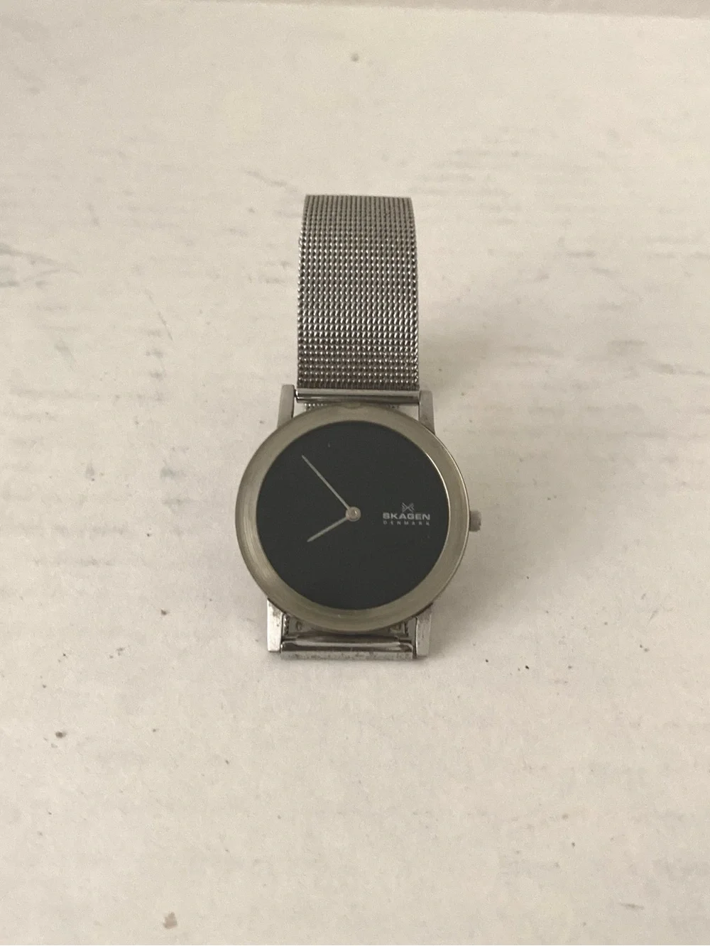 Skagen Modern Unisex Silver Mesh Watch with Black Dial.